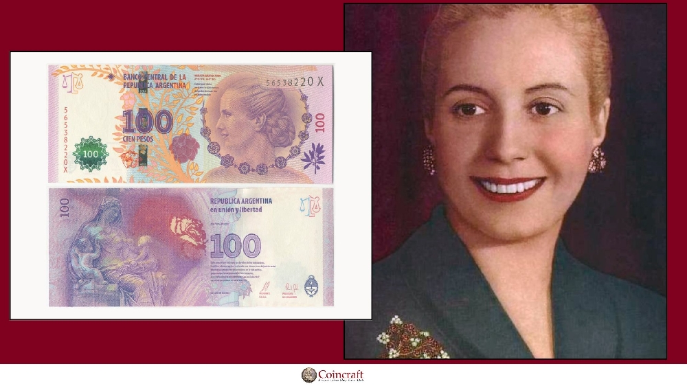 Argentina Pesos Featuring  María Eva Duarte de Perón or simply Eva Peron. - Coincraft